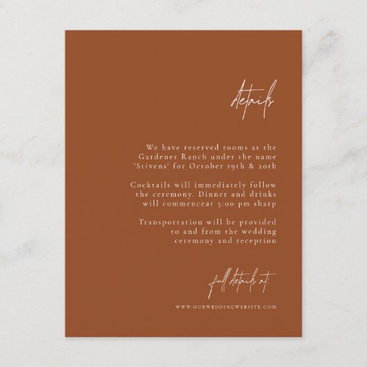 Boho Brunt Oranje Elegant Minimal Wedding Details Informatiekaartje (Voorkant)