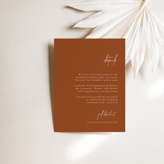 Boho Brunt Oranje Elegant Minimal Wedding Details Informatiekaartje