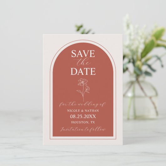 Boho Budget Terracotta Rust Flower Wedding | DIY Save The Date (Staand voorkant)