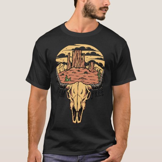 Boho Bull Skull Desert Sunset Roam Gratis Western  T-shirt (Voorkant)