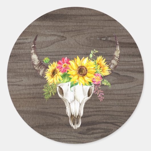 Boho Bull Skull Donker Hout Ronde Sticker (Voorkant)