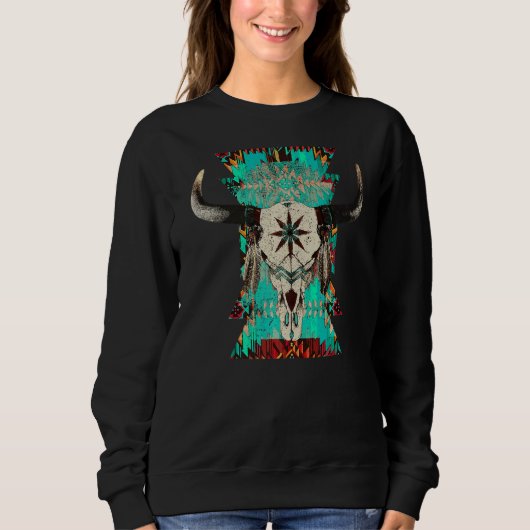 Boho Bull Skull Turquoise Aztec Western Land el Trui (Voorkant)