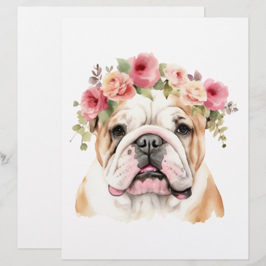 Boho Bulldog bloemkroon Waterverf Briefhoofd (Voorkant / Achterkant)