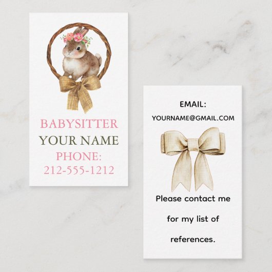 BOHO Bunny Coquette Bow Babysitter Visitekaartjes (Voorkant / Achterkant)
