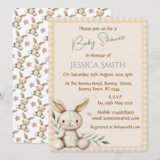 Boho Bunny Neutral Baby shower Invitation Kaart (Voorkant / Achterkant)