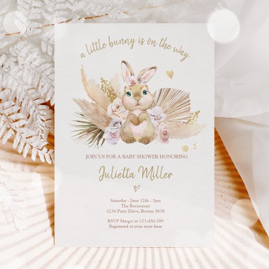 Boho Bunny Rabbit Pink Girl Baby shower Kaart