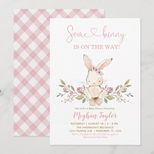 Boho Bunny Rabbit Pink Girl Baby shower Kaart (Voorkant / Achterkant)