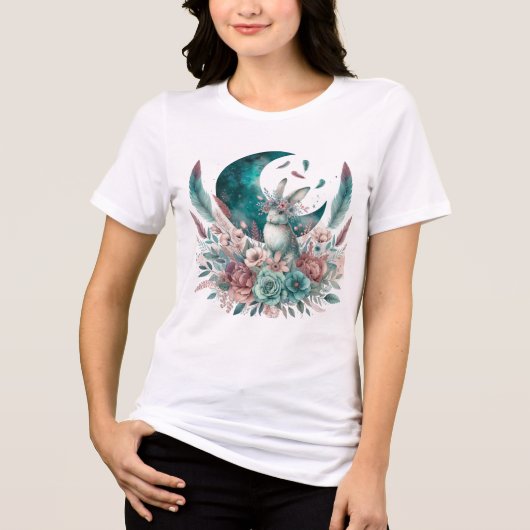 Boho Bunny T-shirt met maan en bloemen (Voorkant)