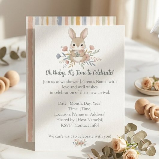 Boho Bunny Watercolor Stripe Baby Shower Kaart