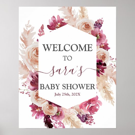 Boho Burgundy Baby shower Girl Welkomstteken Poster (Voorkant)