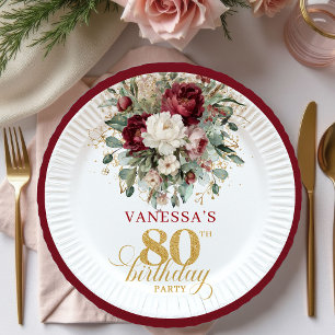 Boho Burgundy Bloem Goud 80ste Verjaardag Papier Papieren Bordje