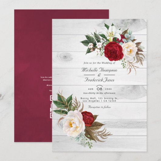 Boho Burgundy Bloem QR Code RSVP Boheem Huwelijk Kaart (Voorkant / Achterkant)