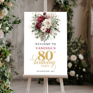 Boho Burgundy Bloemen 80e Verjaardag Welkom Poster