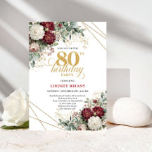 Boho Burgundy Bloemen 80ste Verjaardagsuitnodiging
