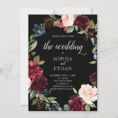 Boho Burgundy Blue Flowers Wedding Kaart (Voorkant)