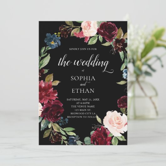 Boho Burgundy Blue Flowers Wedding Kaart (Staand voorkant)