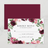 Boho Burgundy & Blush Bloemen Bruiloft RSVP Kaart (Voorkant / Achterkant)
