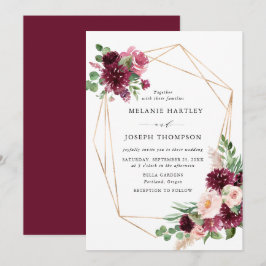 Boho Burgundy & Blush Bloemstuk Gouden Lijst Trouw Kaart