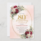 Boho Burgundy Blush Floral 80th Birthday Invite Kaart (Voorkant)