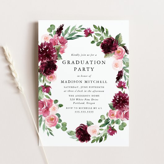 Boho Burgundy & Blush Floral Graduation Party Kaart