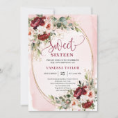 Boho Burgundy Blush Floral Sweet Sixteen Party Kaart (Voorkant)