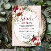 Boho Burgundy Blush Floral Sweet Sixteen Party Kaart