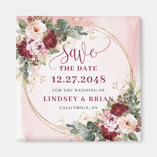 Boho Burgundy Blush Goud Bloem Save the Date Magne Magneet (Voorkant)
