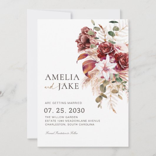 Boho Burgundy & Blush Modern Floral Save The Date (Voorkant)
