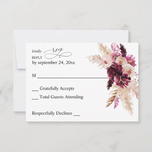 Boho Burgundy & Blush Pink Floral no Meal RSVP (Voorkant)