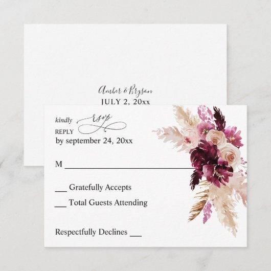 Boho Burgundy & Blush Pink Floral no Meal RSVP (Voorkant / Achterkant)