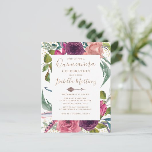 Boho Burgundy Blush Pink Floral Quinceañera Briefkaart (Staand voorkant)