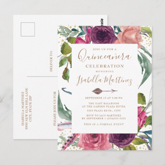 Boho Burgundy Blush Pink Floral Quinceañera Briefkaart (Voorkant / Achterkant)