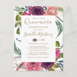 Boho Burgundy Blush Pink Floral Quinceañera Briefkaart