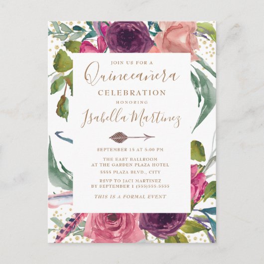 Boho Burgundy Blush Pink Floral Quinceañera Briefkaart (Voorkant)