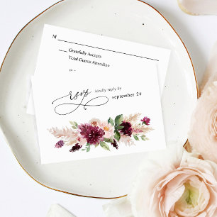 Boho Burgundy & Blush Pink Floral w Meal RSVP 2 Kaartje