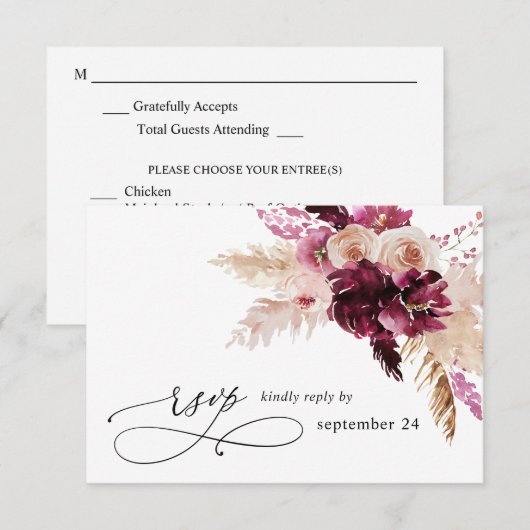 Boho Burgundy & Blush Pink Floral w Meal RSVP Kaartje (Voorkant / Achterkant)