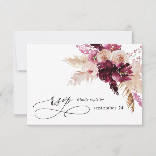 Boho Burgundy & Blush Pink Floral w Meal RSVP Kaartje