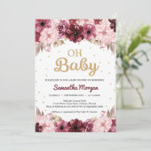 Boho burgundy blush roze floral gold baby shower kaart (Staand voorkant)