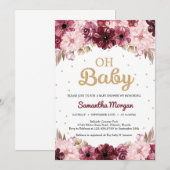 Boho burgundy blush roze floral gold baby shower kaart (Voorkant / Achterkant)