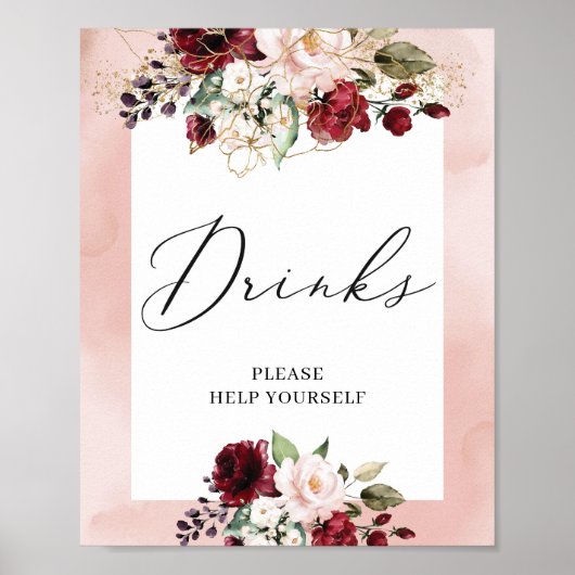 Boho burgundy blush roze floral gold drink sign poster (Voorkant)