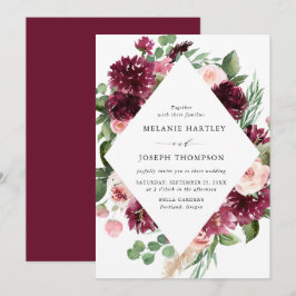 Boho Burgundy & Blush Watercolor Bloemen Bruiloft Kaart