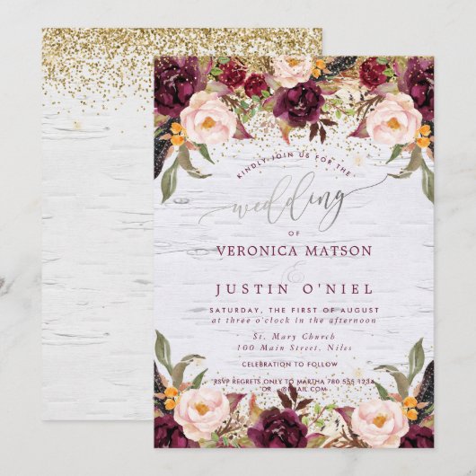 Boho Burgundy+Blush Watercolor Bloemen Kaart (Voorkant / Achterkant)