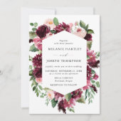 Boho Burgundy & Blush Waterverf Bloemen Bruiloft Kaart (Voorkant)