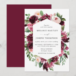 Boho Burgundy & Blush Waterverf Bloemen Bruiloft Kaart