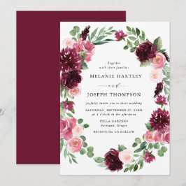 Boho Burgundy & Blush Waterverf Bloemen Bruiloft Kaart