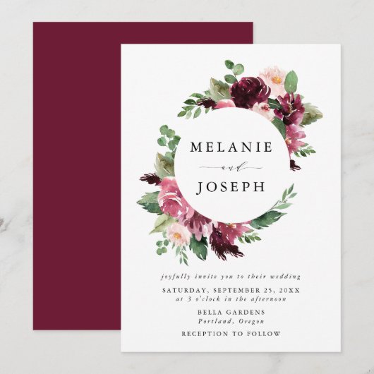 Boho Burgundy & Blush Waterverf Bloemen Bruiloft Kaart (Voorkant / Achterkant)
