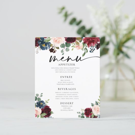 Boho Burgundy Blush Wedding Flat Menu (Staand voorkant)