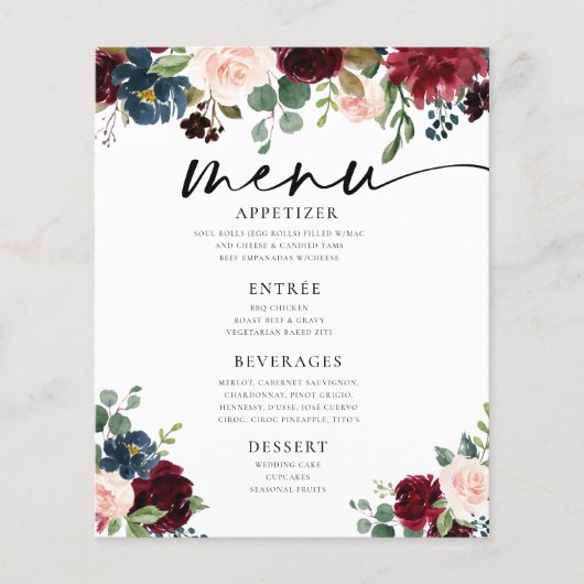 Boho Burgundy Blush Wedding Flat Menu (Voorkant)