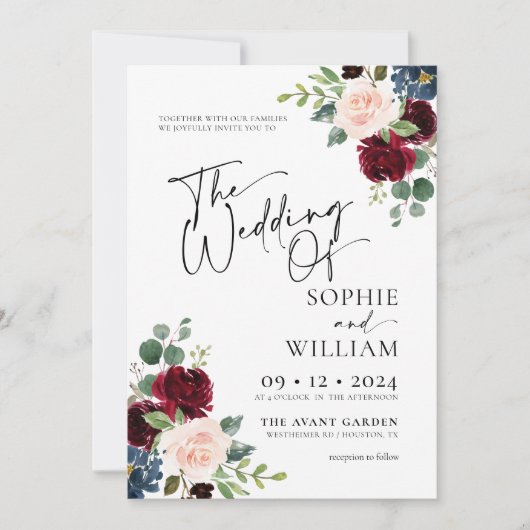 Boho Burgundy Blush Wedding Invitation Kaart (Voorkant)
