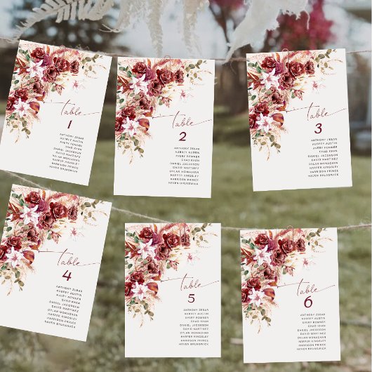 Boho Burgundy Blush Wedding Table Number Card Notitiekaartje
